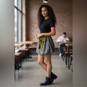 Women’s Elegant Gray Zara Bubble Skirt with Olive Green Bow Accent